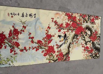 140x60cm / Ķīnas zīda izšuvumi Ziedi krāsošana - Skaisti Sarkans, Plūmju Ziedi