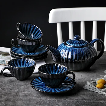 1PC RELMHSYU Eiropas Syle Deep Blue Keramikas Mlik Kafijas, Tējas Tase Un Apakštase Uzstādīt Augstu Temperatūru, Tējkanna Liela Jauda, Tējas Katls