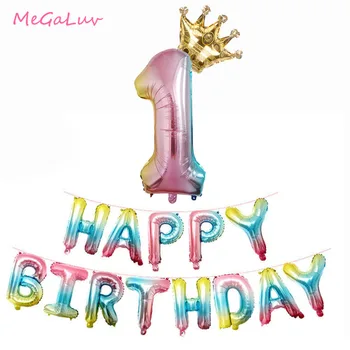 1set laimes Dzimšanas dienā, Folija Baloni 1st Vienu Gadu Vecs Pirmās Dzimšanas dienas svinības Apdare 32inch Varavīksnes Gradientu, Krāsu Balonu Skaits