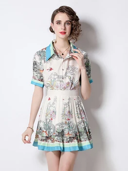2 Gabals Komplekti, Sieviešu Apģērbs, Skrejceļa Vasaras Modes Īsām Piedurknēm Vintage Print Krekli un-Line Kroku Mini Svārki Uzstādīt Uzvalks S6270