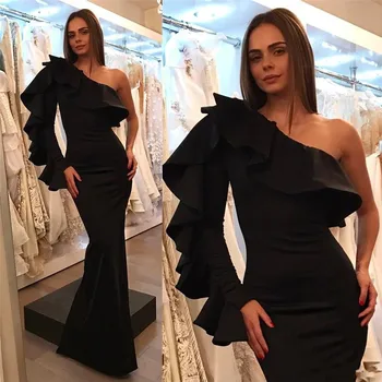 2020 eleganti melnā krāsā ar garām piedurknēm vakara kleitas sirēna ar garām piedurknēm ruffles satīna arābu plus lieluma formālās balli puse kleita