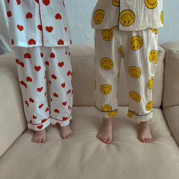 2022. gada Pavasarī Jaunu Bērnu Kokvilnas Veļu, Apģērbu Komplekts Zēni Meitenes Smaidiņu Drukāt Pidžamas Komplekts Mīksta Elpojošs Bērniem Sleepwear 2gab Uzvalks