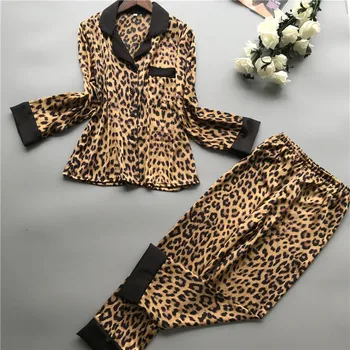 2022. Gada Vasaras Sieviešu Pidžamas Komplekti Ar Biksēm Zīda Homewear Satīna Leopards Drukāt Sexy Pijama Garām Piedurknēm Pidžamas Plānas Sleepwear