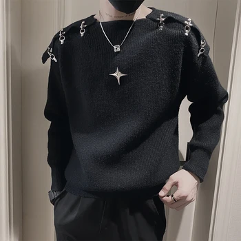 2022. gada Ziemas Vīriešu Džemperis Dobi Metāla Sprādzes Adīti Džemperi Zaudēt Gadījuma Trikotāžas Tops Lielajam Hip Hop Streetwear Džemperis