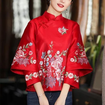 2022. gadā-Pavasarī Un Rudenī Etnisko Stilu Tang žakete Retro Izšuvumi Pogu, Ķīnas Top Sieviešu Top Eleganta Blūze Brīvs