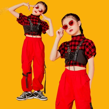 2022 Hip Hop Deju Tērpi Bērniem Sarkanā Pleds Kpop Apģērbu Meitenēm Džeza Mūsdienu Deju Rave Drēbes Darbības Valkāt DQS10441