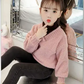 2022 Jaunu Bieza augstu uzrullētu apkakli Džemperis Meitenēm Modes Bērni, Divi-gabals Džemperi korejiešu Stilā, Moderns Ziemas Drēbes Meitenēm