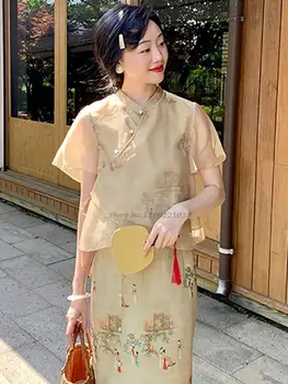 2022 ķīnas vintage sieviete uzlabota hanfu šifona blūze+svārki seno tautas tērpu darbības apģērbs han princese apģērbs