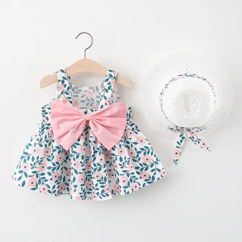 2gab Vasaras Baby Meitenes Pludmales Princese Kleita Cute Bow Ziedi bez Piedurknēm Kokvilnas Toddler Meiteņu Kleitas+Sunhat Jaundzimušā Apģērbu Komplekts