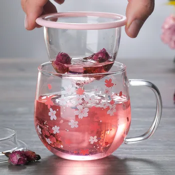300ml Japāņu Stikla krūze Ar Tējas Infuser Filtru un Vāku Ķiršu Ziedi Ziedu Teacup Pārredzamu karstumizturīgs Glāzes