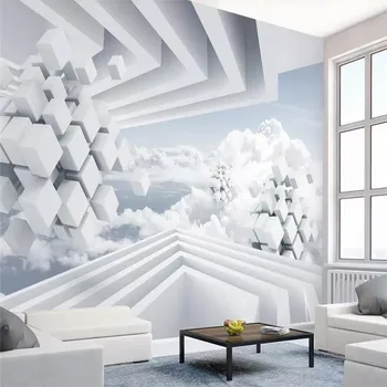 3d tapetes sienas abstraktu telpu zilas debesis balts mākonis, dīvāns dzīvojamā istabā, TV ģimenes mākslas fona sienas zīda ūdensnecaurlaidīga materiāla