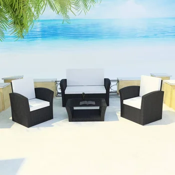 4 Gabals Terases lounge komplekts ar Spilveniem Poli Rotangpalmas Black B Āra Galda un Krēslu Komplekti Āra Mēbeles Komplekti