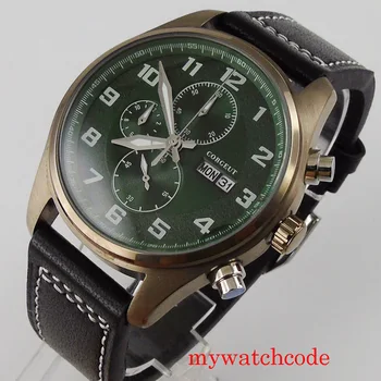 42mm corgeut green dial chronograph kvarca kustība vīriešu rokas pulkstenis bronzas pārklājumu gadījumā dienas nedēļā funkciju kvarca mens watch