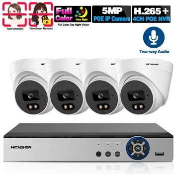 4K POE 4CH VRR Komplekts CCTV Drošības Kameras Video Novērošanas Sistēmas Komplekts 5MP divvirzienu Audio Krāsu Nakts Vison POE IP Dome Camera Set