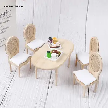 5gab/Set 1:12 leļļu Namiņš Miniatūras Koka Pusdienu Galda Krēslu Komplekts Leļļu Mājai Virtuves Mēbeles, Rotaļlietas