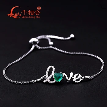925 Sudraba Mīlestība regulējama Aproce Zaļo smaragda sirds formas ar melee balts moissanite akmens Sieviešu rotaslietas dāvanu.