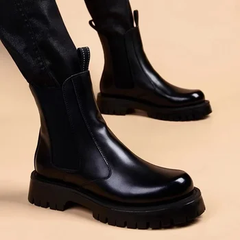 Anglijas stila vīriešu atpūtas chelsea zābaki melnā jūra oriģinālo ādas kurpes skaists high top kovboju boot platforma īss botas