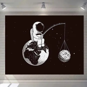 Astronauts Planētas Gobelēns Sienas Karājas Debess Melnās un Baltās Sienas Gobelēns Fona Dekors Hipiju Gobelēns Psychedelic Audums