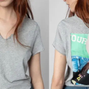 Atpakaļ drukāt sieviešu t-krekls ar v-apkakli, īsām piedurknēm modes gadījuma dāma kokvilnas t-krekls topi