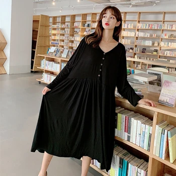 Augstas Kvalitātes Nightdress Black Sexy garām piedurknēm Apaļu Kakla Kleita korejiešu Stilā Buttoned Tauku Palielināt Tauku Mm Gari Svārki 