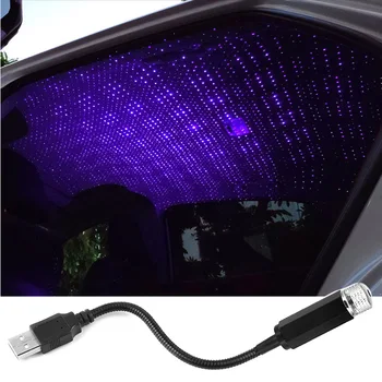 Auto Jumta Zvaigžņu Gaismu Interjera LED Zvaigžņotām Lāzera Atmosfērā Apkārtējās vides Projektora USB Auto Dekorēšana Nakts Dekoru Galaxy Gaismas Violeta