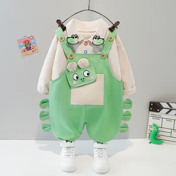 Baby Boy Apģērbs, Apģērbs Pavasara Rudens Karikatūra Savukārt Apkakle ar garām Piedurknēm T-krekli, Topi + Kombinezons 4T Meiteņu Drēbes, Bērnu Kostīmi