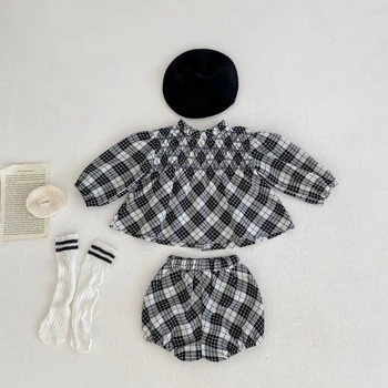 Baby Girl Apģērbu Komplekts Pavasara Rudens Bērnu Kokvilnas Topi Ar Garām Piedurknēm Pleds + Šorti Jaundzimušais Meitene Komplekti
