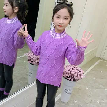 Baby meitenes, pavasaris, ziemas adīti džemperi 3-13T bērni O-veida kakla moderns meiteņu drēbes pusaudžu puloveri bērnu zemāko krekls