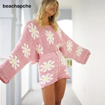 Beachapche Fashion Lounge Valkāt Gadījuma Adīti Sieviešu Tracksuit Ir 2021. Garām Piedurknēm Ziedu Džemperi, Topi Un Mini Šorti Divas Gabals, Kas