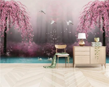 beibehang Custom classic tapešu skaists sapnis rozā ķiršu gulbju ezers ainavu TV fona papel de parede 3d tapetes