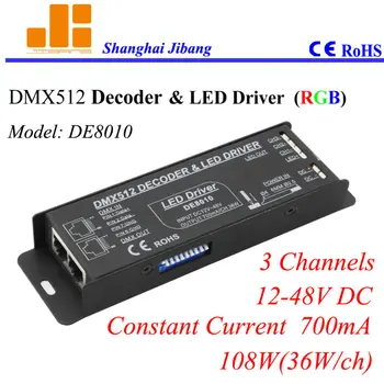 Bezmaksas Piegāde DMX Dekoderi RGB Kontrolieris, pwm LED driver, pastāvīga strāva 700mA, 3CH/12-48V/108W pn:DE 8010