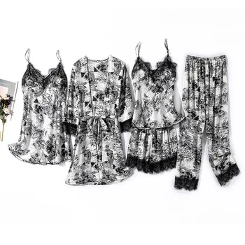 Brīvs Sleepwear Sieviešu Peldmētelis Kimono Kleita 5GAB Pidžamas Komplekts Sexy Naktsveļu Lounge Valkāt Rudenī Jaunās Mežģīnes Intīmas Apakšveļa
