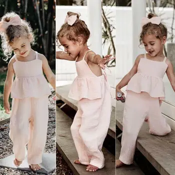 Bērniem, Baby Meiteņu Drēbes, uzstādīt bez Piedurknēm Backless Romper T krekls ar Lencēm Jumpsuit Plaša Kāju Bikses Bikses Tērpiem