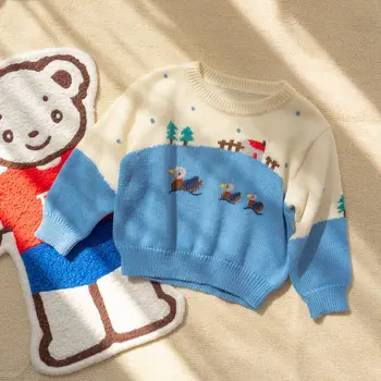 bērniem džemperis gudrs izšūšanas zēni un meitenes karikatūra izšuvumi 50% vilnas apaļu kakla džemperis džemperis
