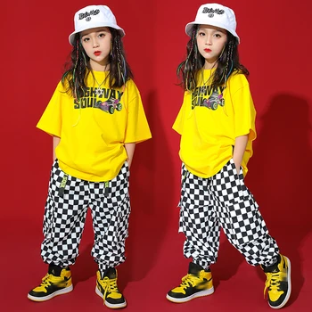 Bērniem Hip Hop Deju Kostīms, Vasarā T Krekls Režģu Bikses Meiteņu Džeza Prakses Valkāt Īsām Piedurknēm Iela Dancewear Jogger BL7979