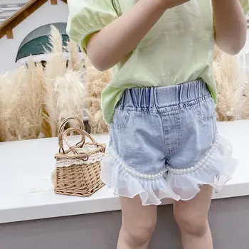 Bērniem meitene pērle džinsa bikses, vasarā jaunu acu raibs Elastīga vidukļa bikses bērniem, šorti meitenēm modes šorti 3-10Y ws1516