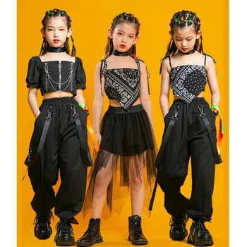 Bērniem Punk Hip Hop Apģērbu Kvadrātveida Kakla Puff Piedurknēm Kultūru T Krekls Kroku Acs Svārki Elsas Meitenēm Džeza Deju Tērpu Komplekts Drēbes