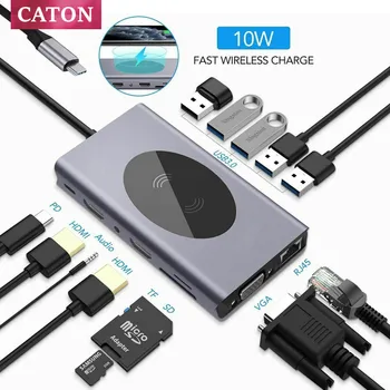 caton 15 1 USB-C Hub Docking Station Adapteris USB 3.0 Bezvadu Maksas Dual HDMI-saderīgam VGA 3.5 mm Audio RJ45 par Macbookpro