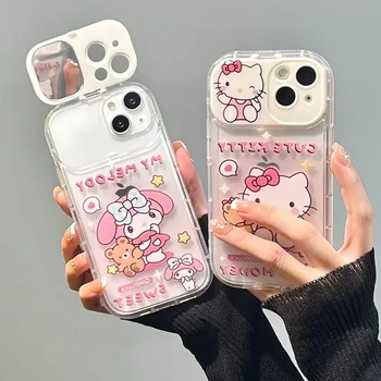 Cute Karikatūra Sanrio Hello Kitty MyMelody Ar Spoguļa Tālrunis Lietā Par iPhone 14 13 12 11 Pro Max X XR XS MAX 7 8Plus Aizmugurējo Vāciņu