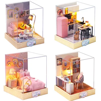DIY Koka Leļļu Māja Miniatūras ar vāciņu Komplekts Mini Casa Rotaļlietu Veikals Lelle Māja Mēbelēta Villa Meitene Zēns Dzimšanas dienas Dāvana