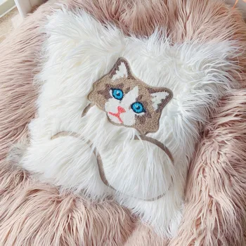 DUNXDECO Pet 3D Kitty Spilvena Vāka Dekoratīvs Spilvens Gadījumā Mūsdienu Gudrs Balts Kaķis Izšuvumi Plīša Coussin Dīvāna, Krēsla Dekori
