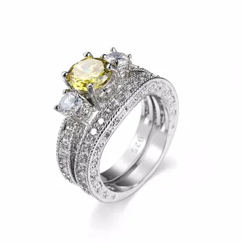 Dzeltena CZ Diamant Saderināšanās Gredzeni Uzstādīt 925 sterling silver Gredzeni Sievietēm Joslā Kāzu Gredzeni Solījumu Gredzeni, Kāzu Rotas