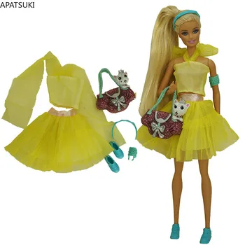 Dzeltena Modes Lelle Tērpiem Barbie Apģērbu Komplekts Barbie 1/6 Namiņš Piederumi Top, Svārki, Kurpes, Soma Galvu Rotaļlietas