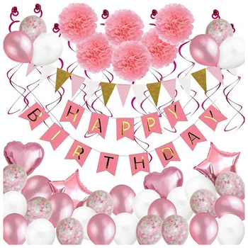 Dzimšanas dienas Rotājumi, 79 Gab. Baloni Partijas Apdare Meiteni Sievietes ar Rozā Happy Birthday Banner Grupa Krājumi