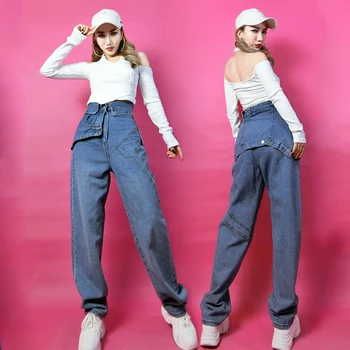 Džeza Deja Kostīmu Sievietes Sexy WHite Topi Dizaina Džinsi Kpop Hip Hop Apģērbu Pieaugušo Bārs Dj Gogo Deju Apģērbs Rave Valkāt DNV16850