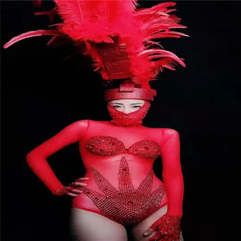 E34 Sarkanā krāsa, seksīgas sievietes bodysuit dj ds dziedātāja veikt kleita pole deju tērpu, skatuves apģērbs puses parādīt nēsā disco jumpsuit
