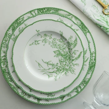 Eiropas Mūsdienu Apgleznoti Keramikas Plāksnes Klasiskā Nefrīta Zaļā Lily of Valley Dekoratīvās Kaula porcelāna Trauku Pēcpusdienas Tējas Galda piederumi