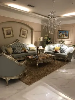 Eiropas stila ādas dīvāns Dzīvojamā istabā luksusa šampanietis zelta 123 kopā cieta koka griešanai villa Jane Eiropas neo-classic