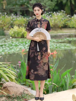 Elegants Mandarīnu Apkakli, Īsām Piedurknēm Drukāts Satīns-Line Cheongsam Sievietes Sexy Ķīniešu Tradicionālās Roku Darbs Pogas Qipao