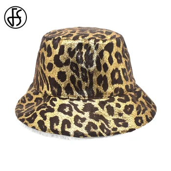 FS ir 2021. Luksusa Ziemas Gold Leopard Print PU Ādas Spaini Cepures Sievietēm, Vīriešiem Siltas Trušu Kažokādas Zvejnieka Cepure, Slēpošanas Klp Bob Femme